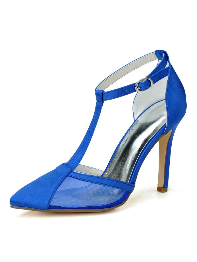 Sapatos Noiva Femininos Com Tira Em T E Bombas Salto - Azul Royal