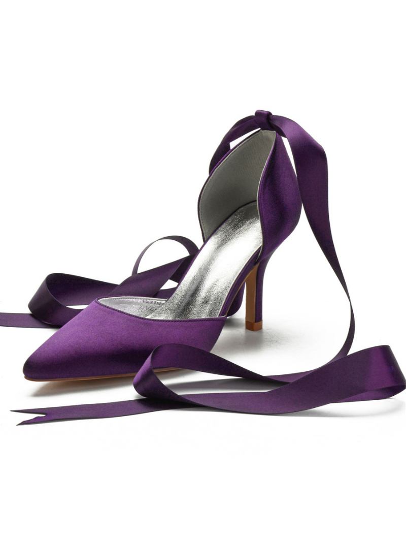 Sapatos Noiva Femininos Com Tiras Dorsay Salto Agulha Em Cetim - Roxo Profundo