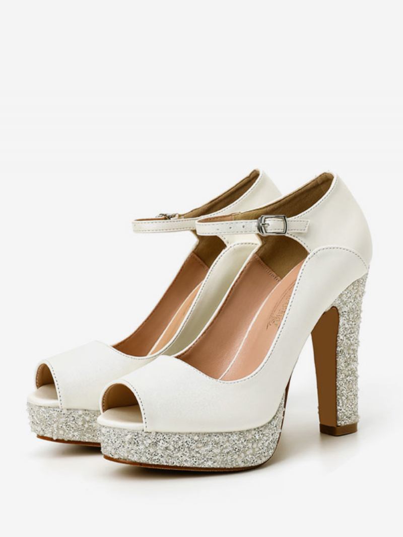 Sapatos Noiva Femininos Couro Pu Ecru Branco Peep Toe Pérolas