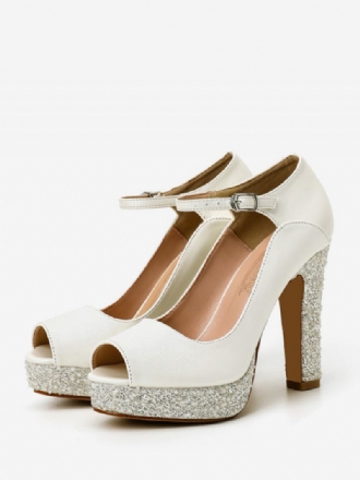 Sapatos Noiva Femininos Couro Pu Ecru Branco Peep Toe Pérolas