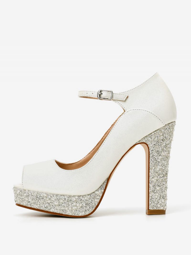 Sapatos Noiva Femininos Couro Pu Ecru Branco Peep Toe Pérolas - Bege