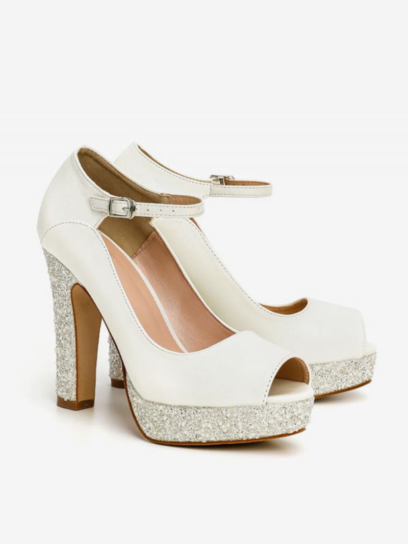 Sapatos Noiva Femininos Couro Pu Ecru Branco Peep Toe Pérolas - Bege