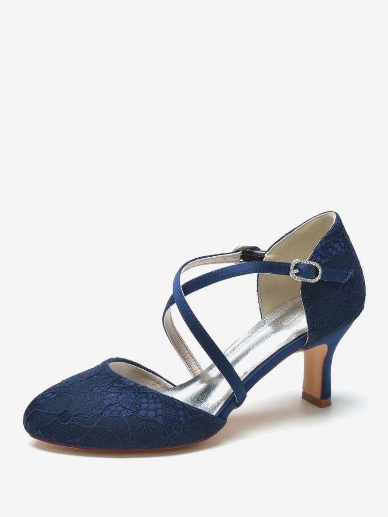 Sapatos Noiva Femininos Renda Azul Profundo Bico Redondo Strass Salto Grosso - Azul Profundo