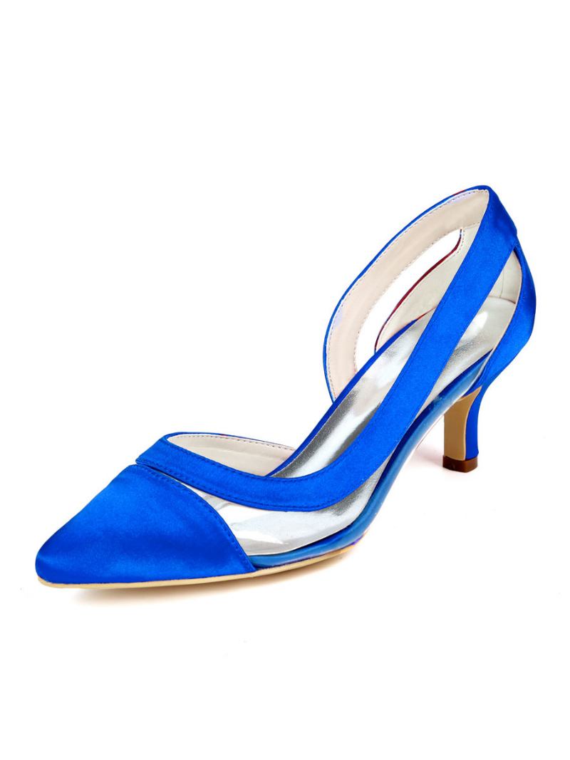 Sapatos Noiva Femininos Salto Gatinho Bico Fino Bombas Transparentes - Azul Royal