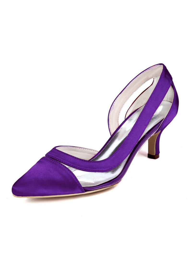 Sapatos Noiva Femininos Salto Gatinho Bico Fino Bombas Transparentes - Roxo Profundo