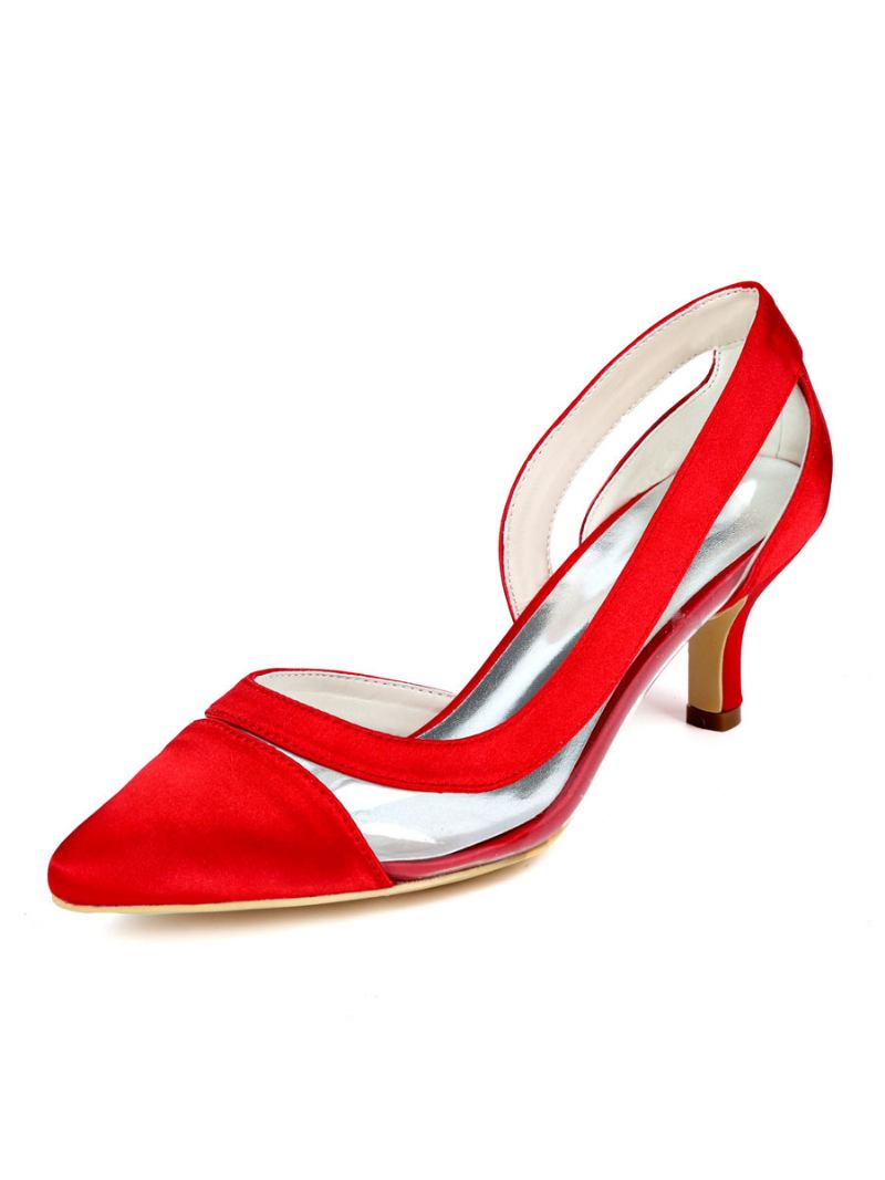 Sapatos Noiva Femininos Salto Gatinho Bico Fino Bombas Transparentes - Vermelho Turo