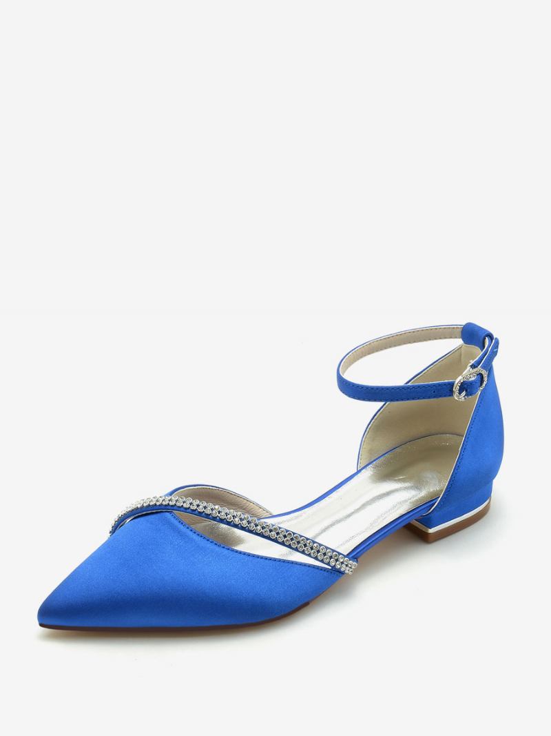 Sapatos Noiva Femininos Sapatilhas Seda E Cetim Bico Fino Com Strass - Azul Royal