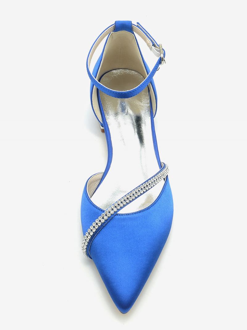 Sapatos Noiva Femininos Sapatilhas Seda E Cetim Bico Fino Com Strass - Azul Royal