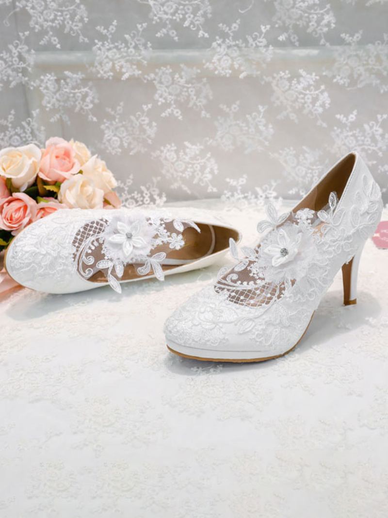 Sapatos Noiva Florais Femininos Em Branco - Branco