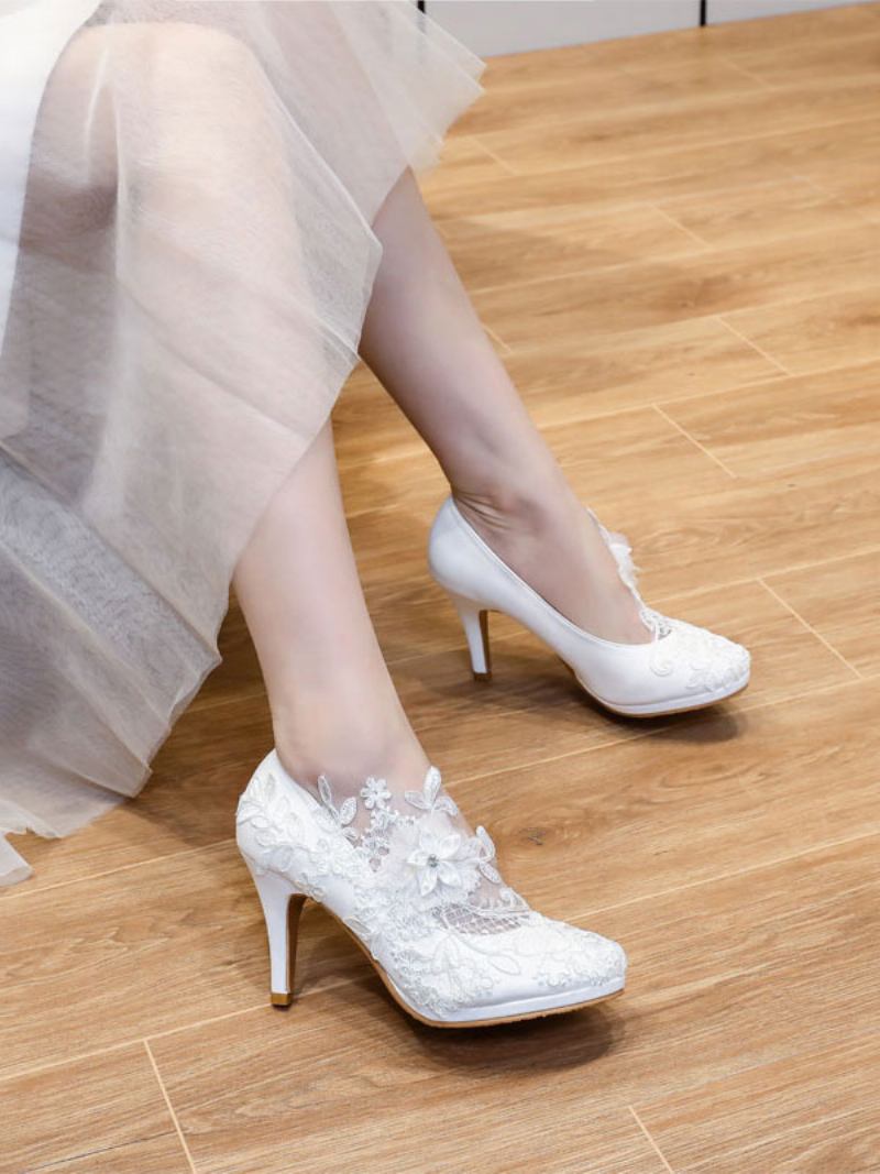 Sapatos Noiva Florais Femininos Em Branco - Branco