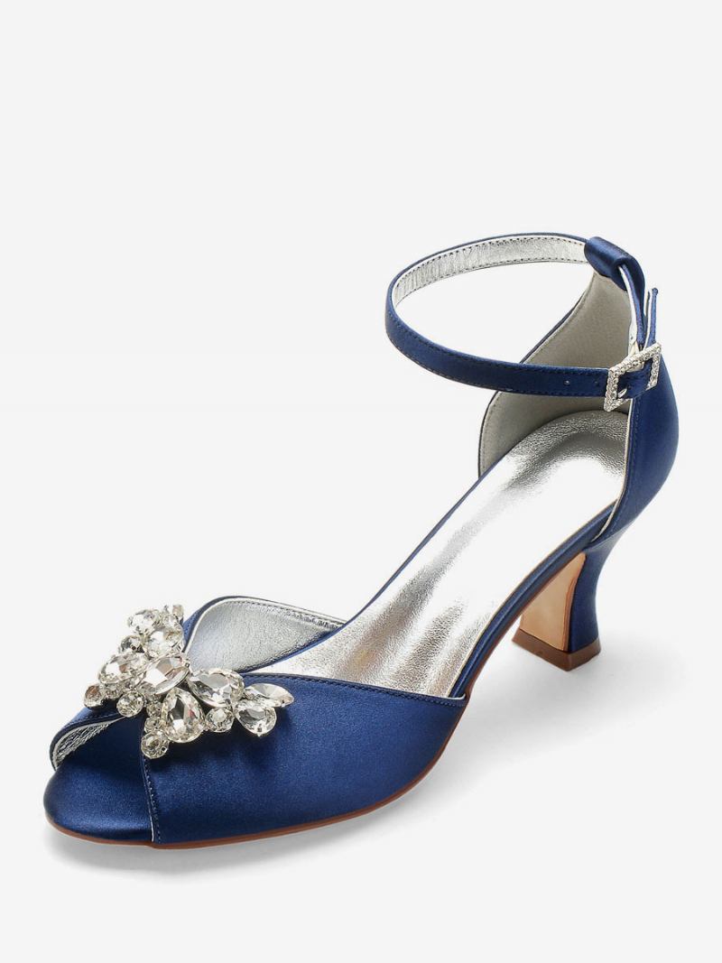 Sapatos Noiva Peep Toe Femininos Com Tira No Tornozelo E Salto Baixo Grosso - Azul Profundo