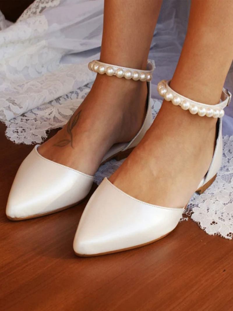 Sapatos Noiva Planos Brancos Femininos Com Bico Fino E Pérolas Alça No Tornozelo Casamento