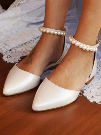 Sapatos Noiva Planos Brancos Femininos Com Bico Fino E Pérolas Alça No Tornozelo Casamento