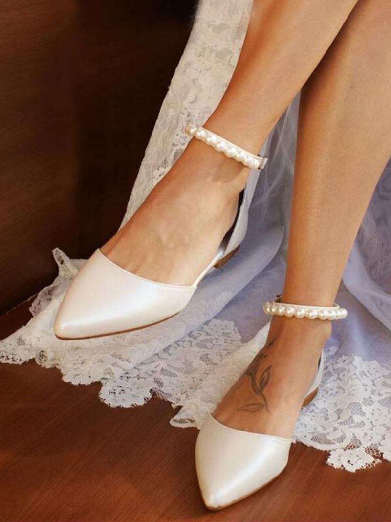 Sapatos Noiva Planos Brancos Femininos Com Bico Fino E Pérolas Alça No Tornozelo Casamento - Branco