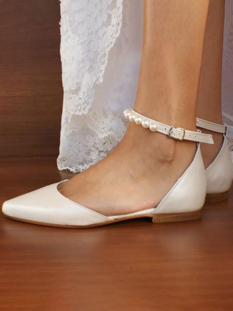 Sapatos Noiva Planos Brancos Femininos Com Bico Fino E Pérolas Alça No Tornozelo Casamento - Branco