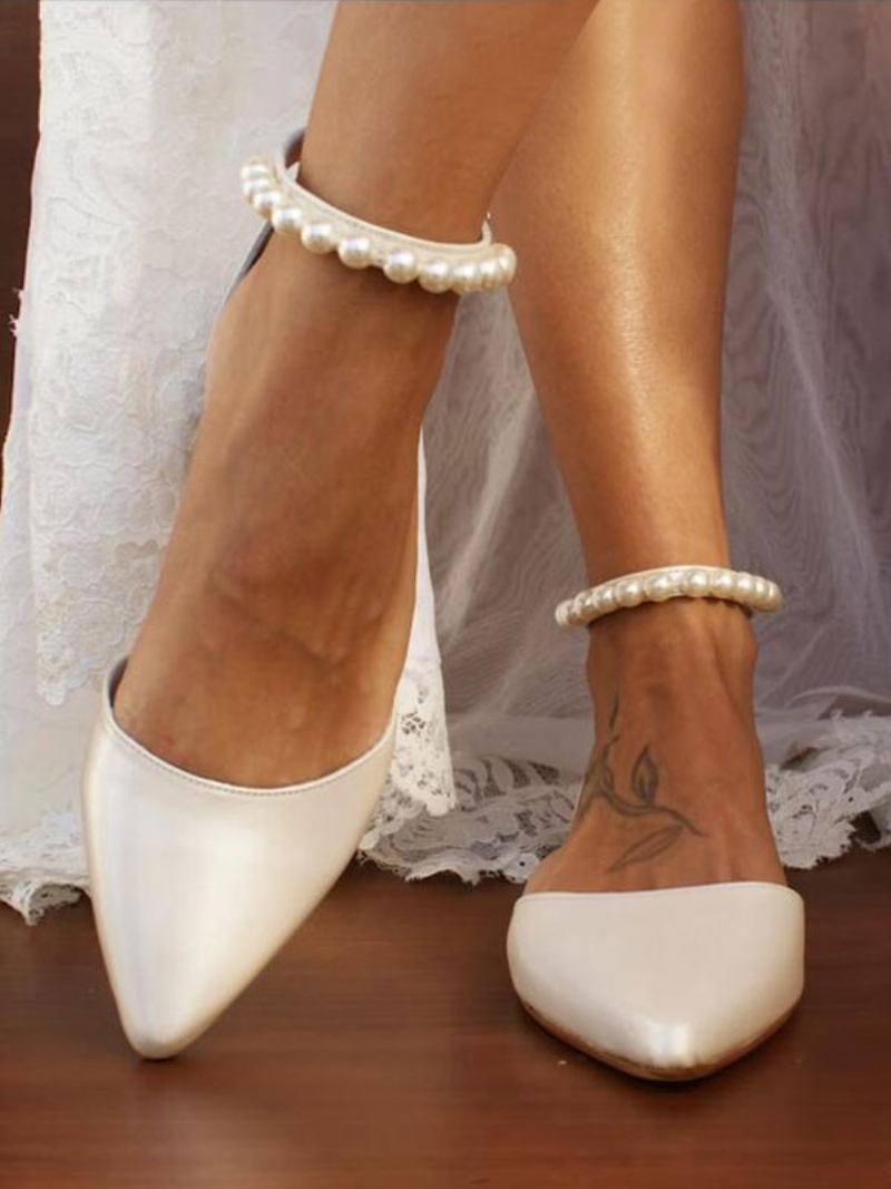 Sapatos Noiva Planos Brancos Femininos Com Bico Fino E Pérolas Alça No Tornozelo Casamento - Branco