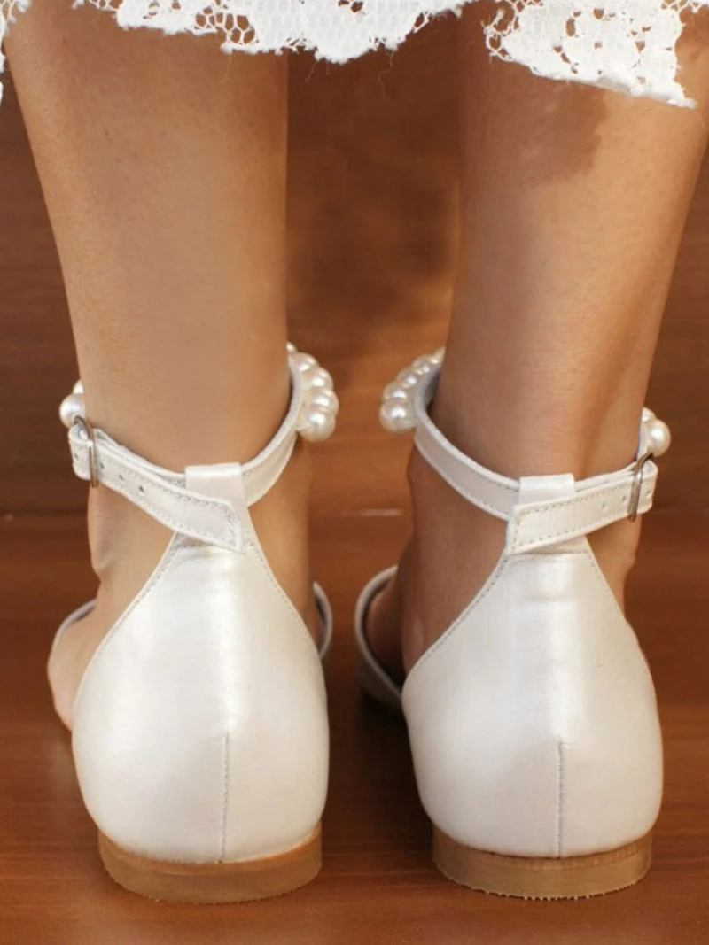 Sapatos Noiva Planos Brancos Femininos Com Bico Fino E Pérolas Alça No Tornozelo Casamento - Branco