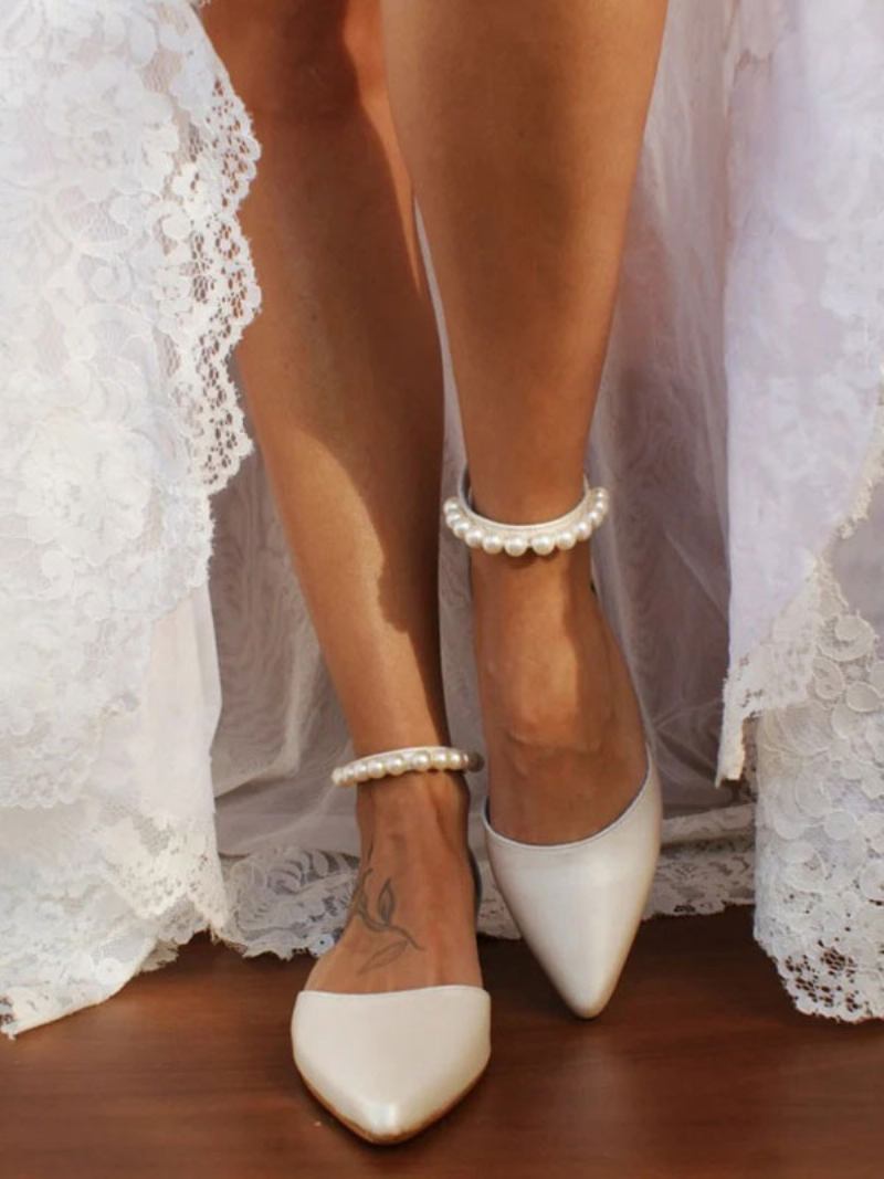 Sapatos Noiva Planos Brancos Femininos Com Bico Fino E Pérolas Alça No Tornozelo Casamento - Branco