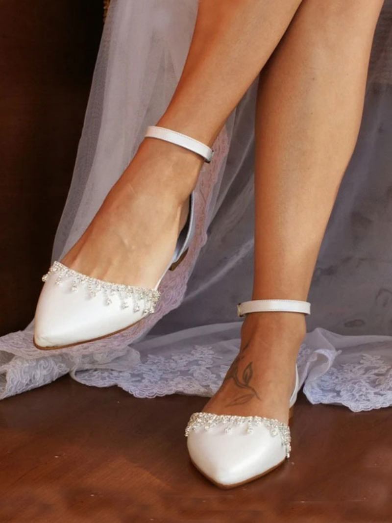 Sapatos Noiva Planos Brancos Femininos Com Bico Fino E Strass Alça No Tornozelo Casamento - Branco