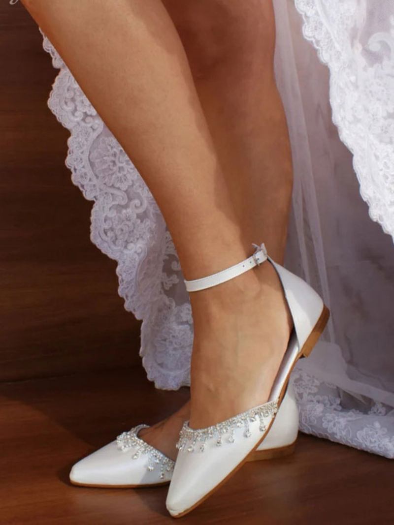 Sapatos Noiva Planos Brancos Femininos Com Bico Fino E Strass Alça No Tornozelo Casamento - Branco