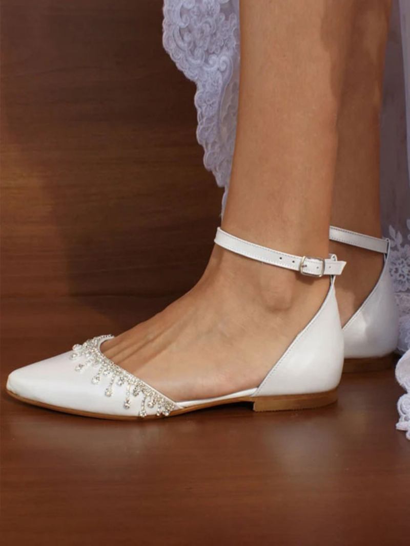 Sapatos Noiva Planos Brancos Femininos Com Bico Fino E Strass Alça No Tornozelo Casamento - Branco