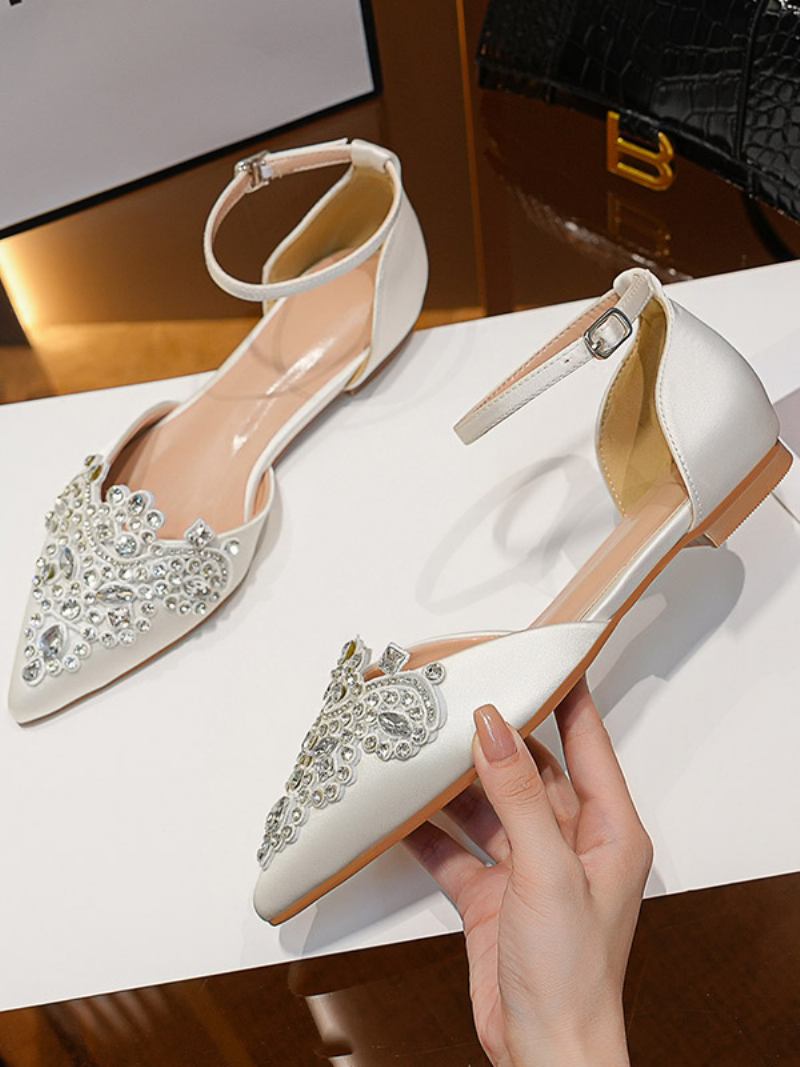 Sapatos Noiva Planos Femininos Com Bico Fino E Strass Tira No Tornozelo Casamento - Branco