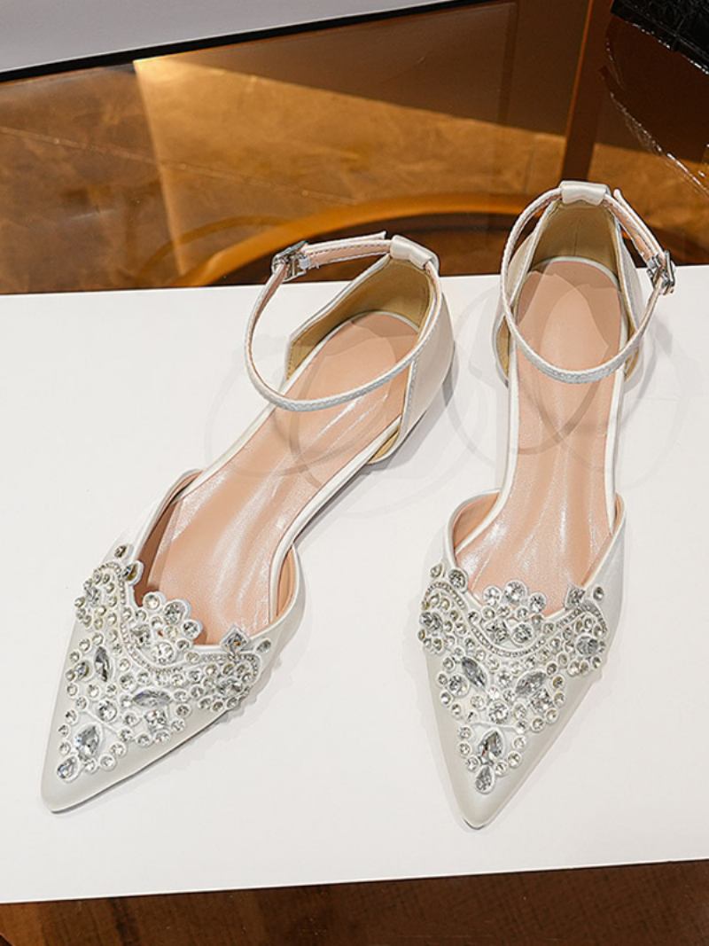 Sapatos Noiva Planos Femininos Com Bico Fino E Strass Tira No Tornozelo Casamento - Branco