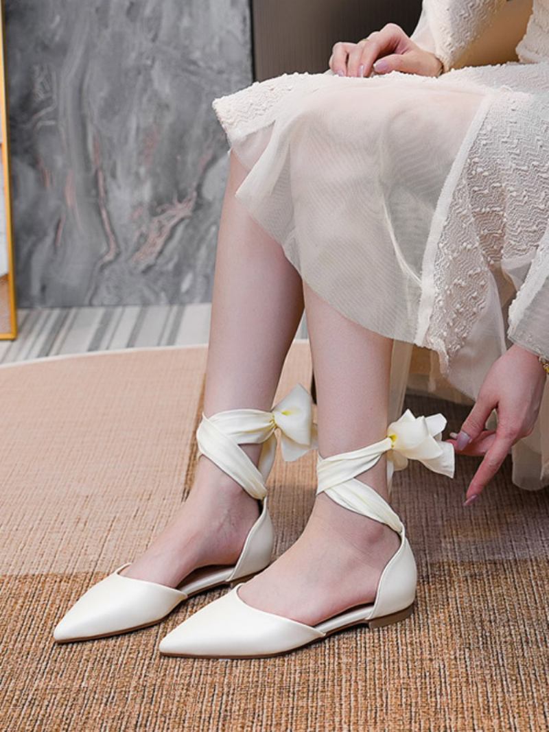 Sapatos Noiva Rasos Femininos Bico Fino Branco Com Cadarço Bombas Casamento Planas - Bege