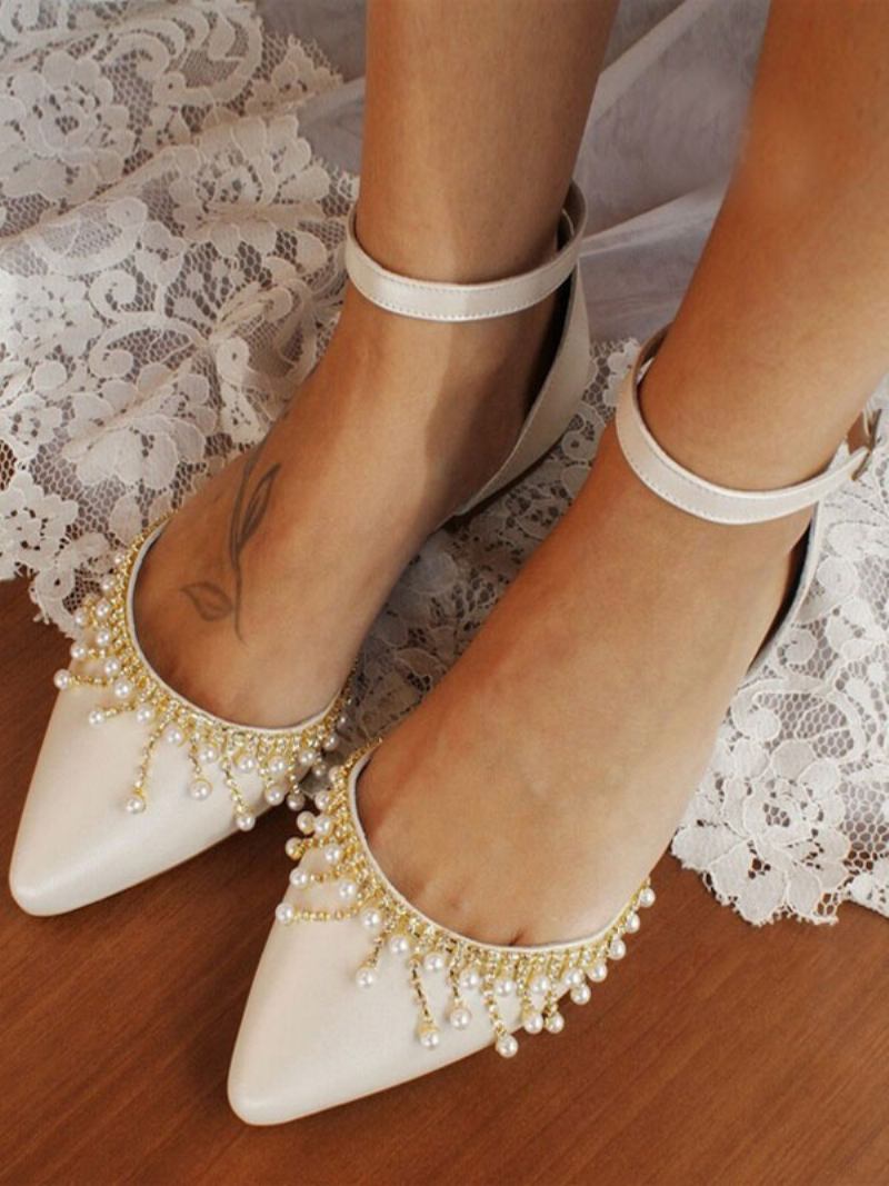 Sapatos Noiva Rasos Femininos Marfim Pontiagudo Com Detalhes Pérolas Casamento