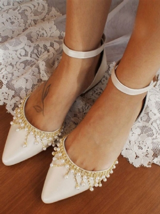 Sapatos Noiva Rasos Femininos Marfim Pontiagudo Com Detalhes Pérolas Casamento