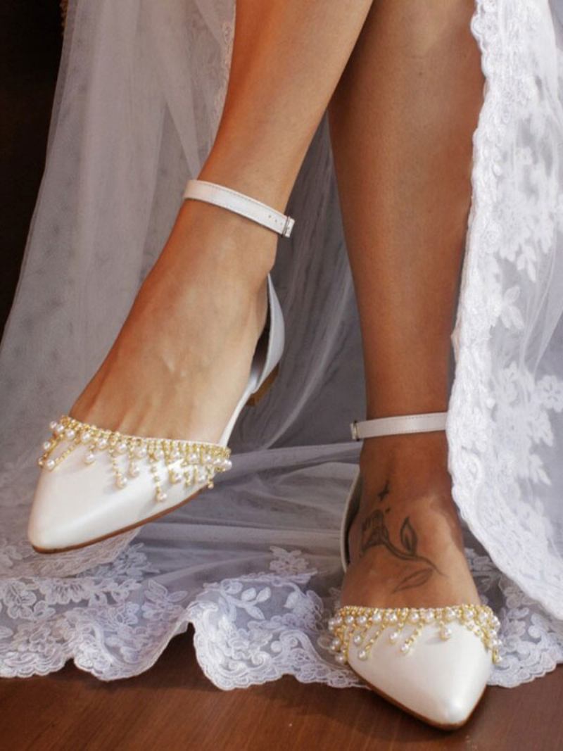 Sapatos Noiva Rasos Femininos Marfim Pontiagudo Com Detalhes Pérolas Casamento - Marfim