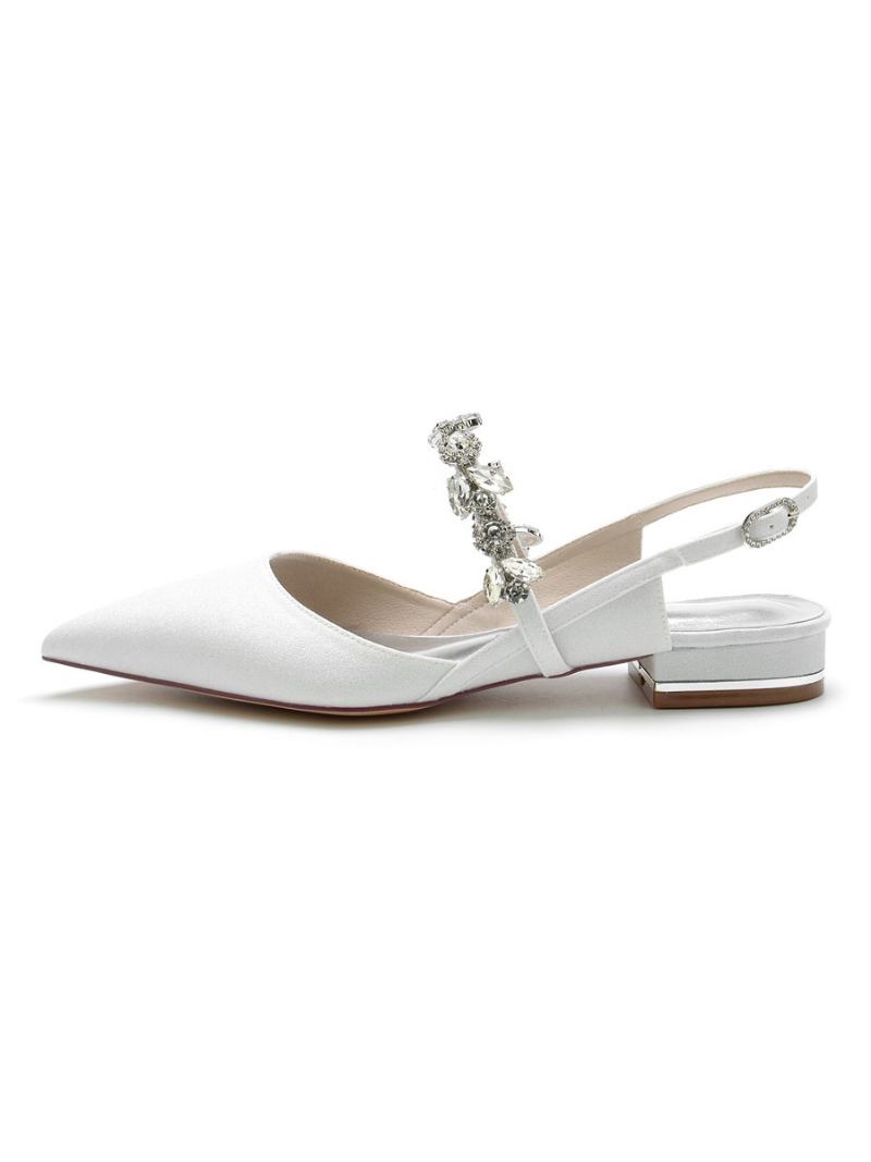 Sapatos Noiva Rasos Femininos Mary Jane Com Strass E Bombas Tipo Estilingue - Branco