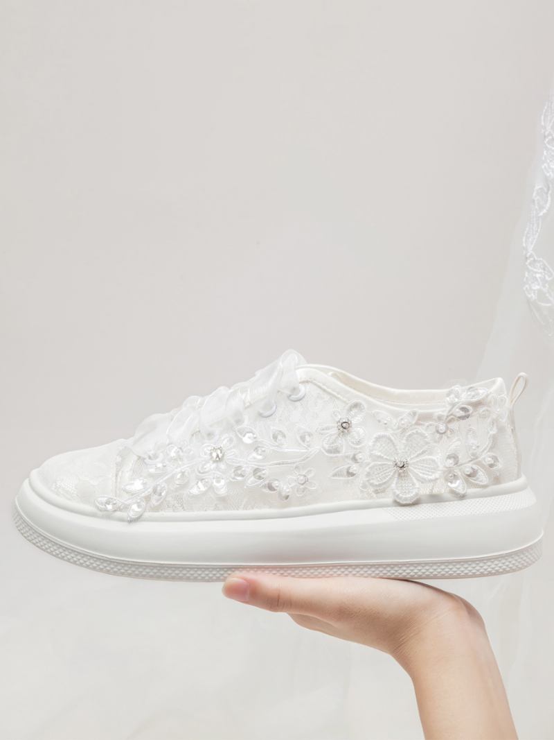 Sapatos Noiva Renda Femininos Com Detalhes Flores Casamento Falt - Marfim