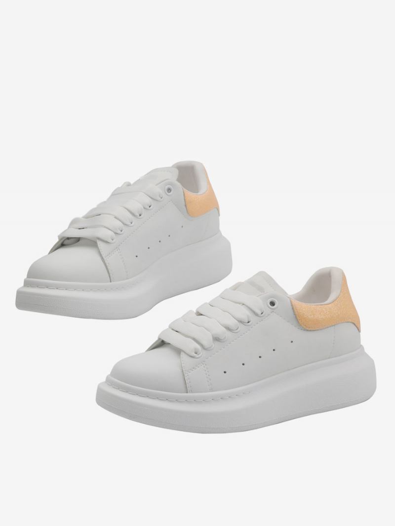 Tênis Feminino Branco Com Bico Redondo E Sapatos Casamento Cadarço - Amarelo