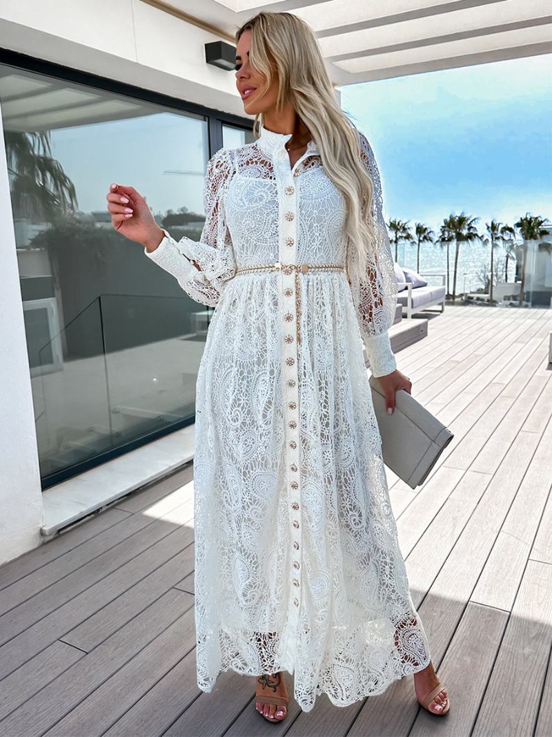 Camisa Feminina Vestidos Botões Com Cinto Mangas Lanterna Renda Elgant Maxi Vestido - Branco