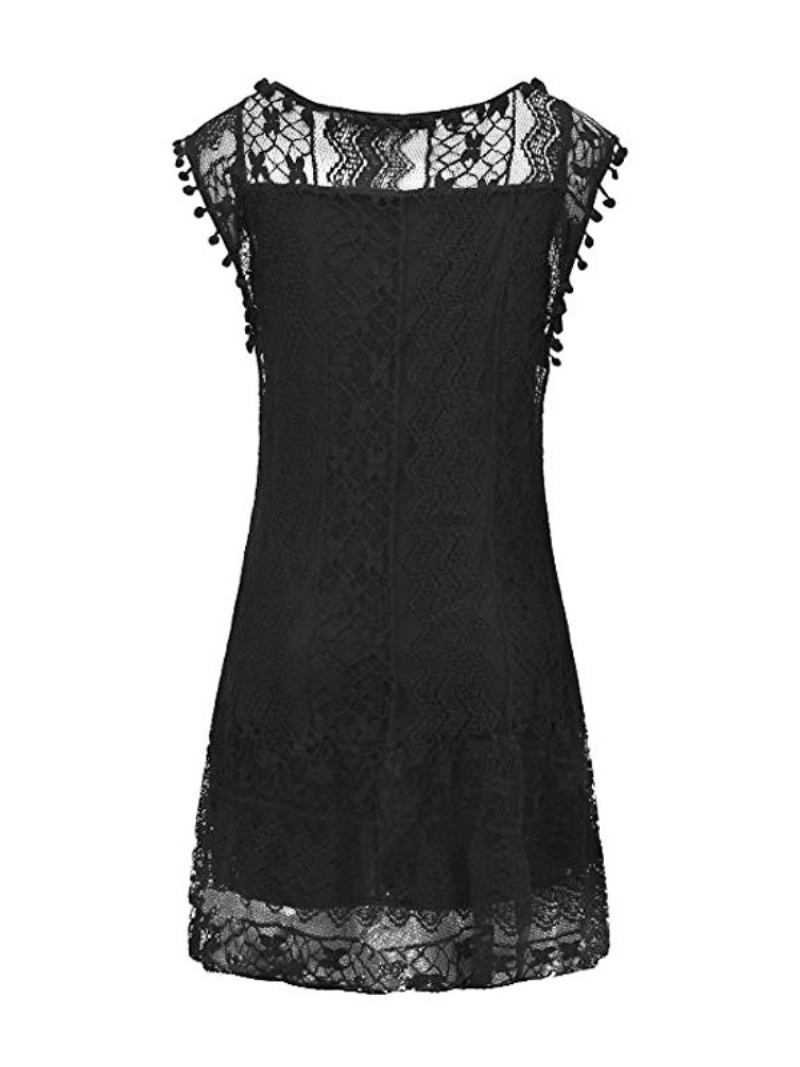 Túnica Feminina Renda Branca Transparente Sem Mangas Vestido Curto Verão - Preto