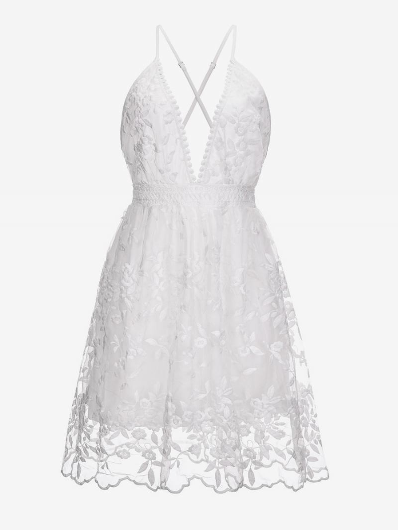 Vestido Boho Feminino Alças Finas Halter Decote Em V Vestidos Curtos Casuais Verão - Branco