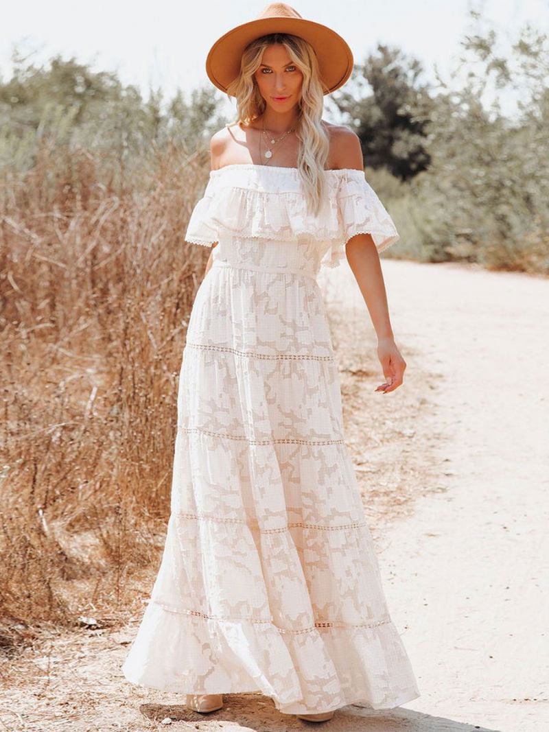 Vestido Boho Maxi Com Ombro Fora Flor Branca Linha A Bainha Em Camadas Longo Para Mulheres