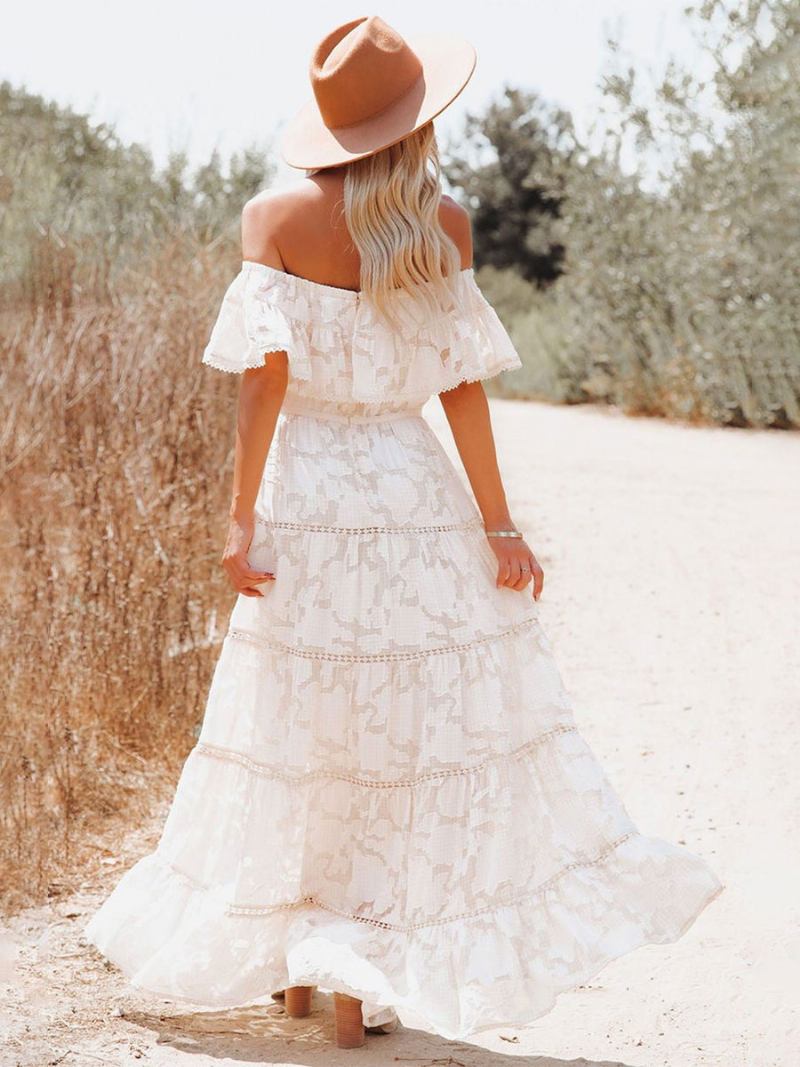 Vestido Boho Maxi Com Ombro Fora Flor Branca Linha A Bainha Em Camadas Longo Para Mulheres - Branco