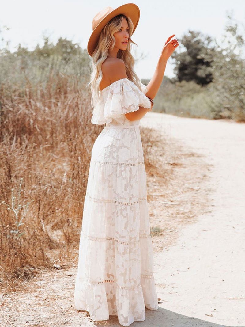 Vestido Boho Maxi Com Ombro Fora Flor Branca Linha A Bainha Em Camadas Longo Para Mulheres - Branco