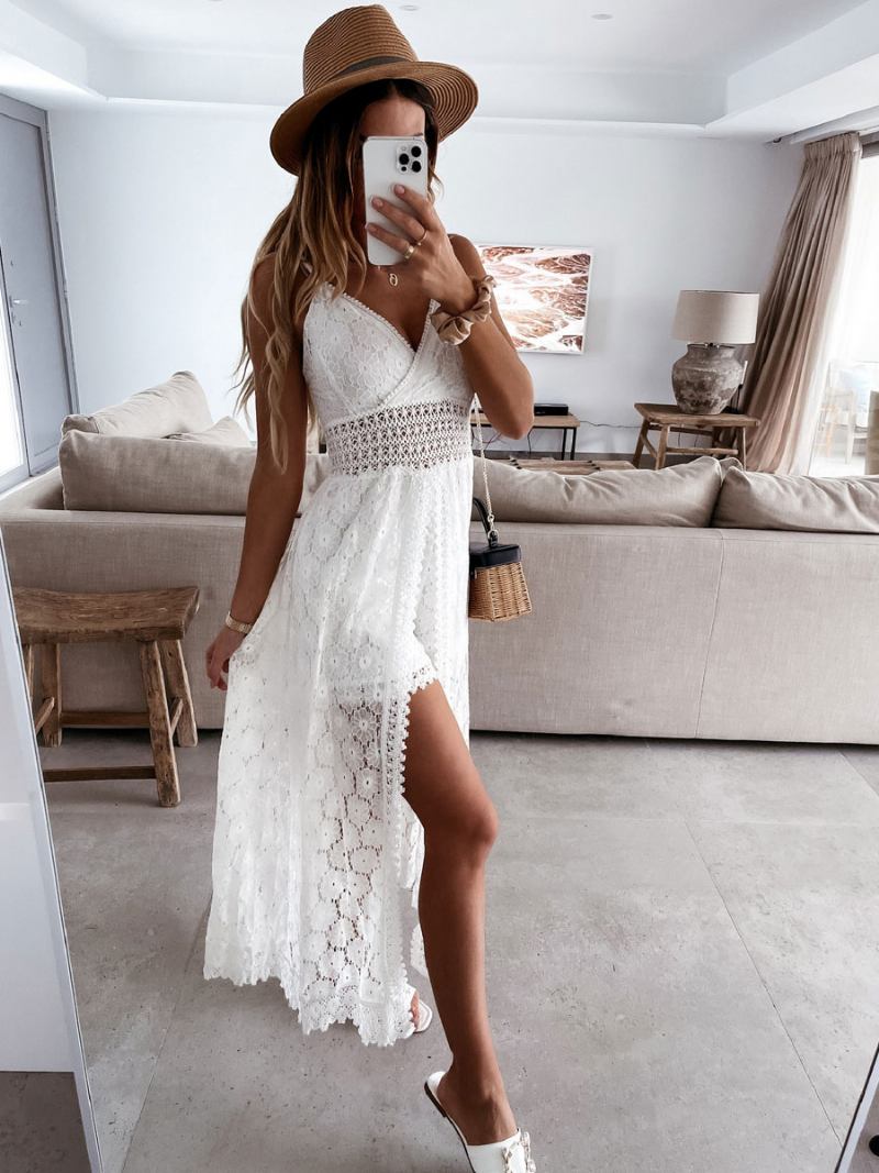 Vestido Boho Renda Aniversário Com Alças Decote Em V Longo Branco Verão Para Mulheres - Branco