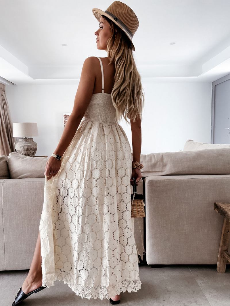 Vestido Boho Renda Aniversário Com Alças Decote Em V Longo Branco Verão Para Mulheres - Branco