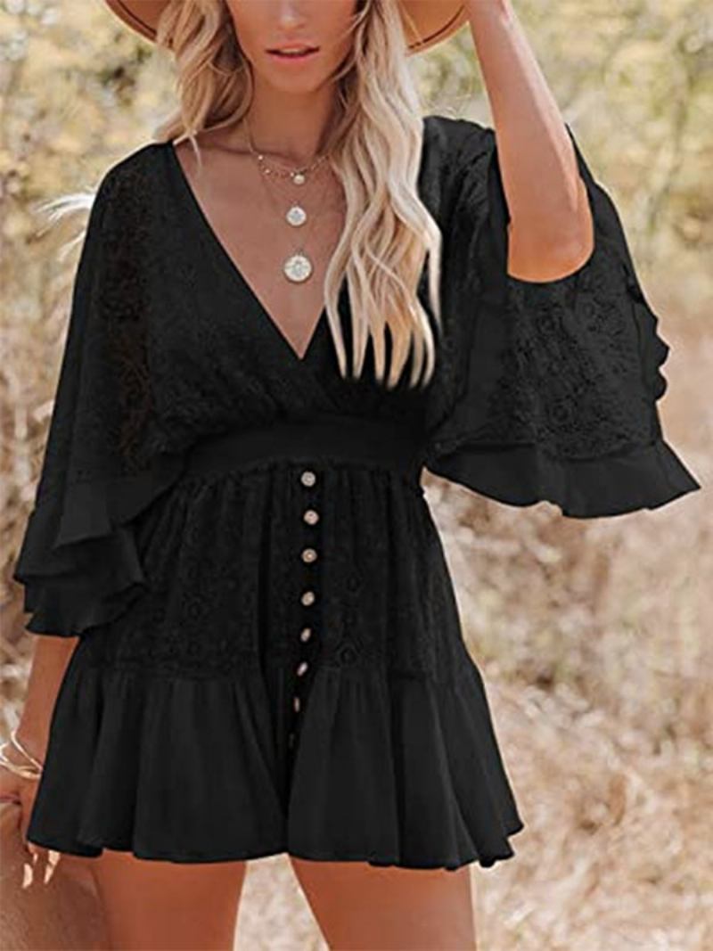 Vestido Boho Renda Com Decote Em V Batwing Branco Flare Minivestido Para Mulheres - Preto