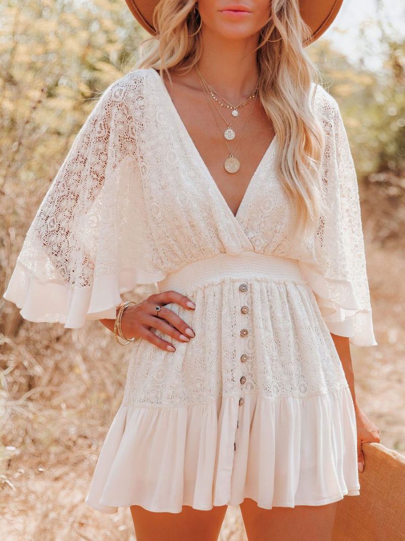 Vestido Boho Renda Com Decote Em V Batwing Branco Flare Minivestido Para Mulheres - Branco