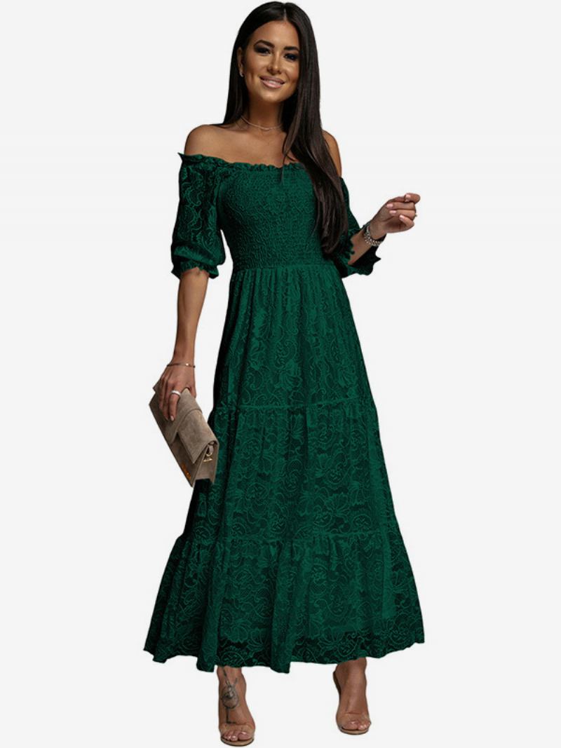 Vestido Feminino Renda Branca Com Ombro Fora Vestidos Longos Boêmios Elegantes - Verde