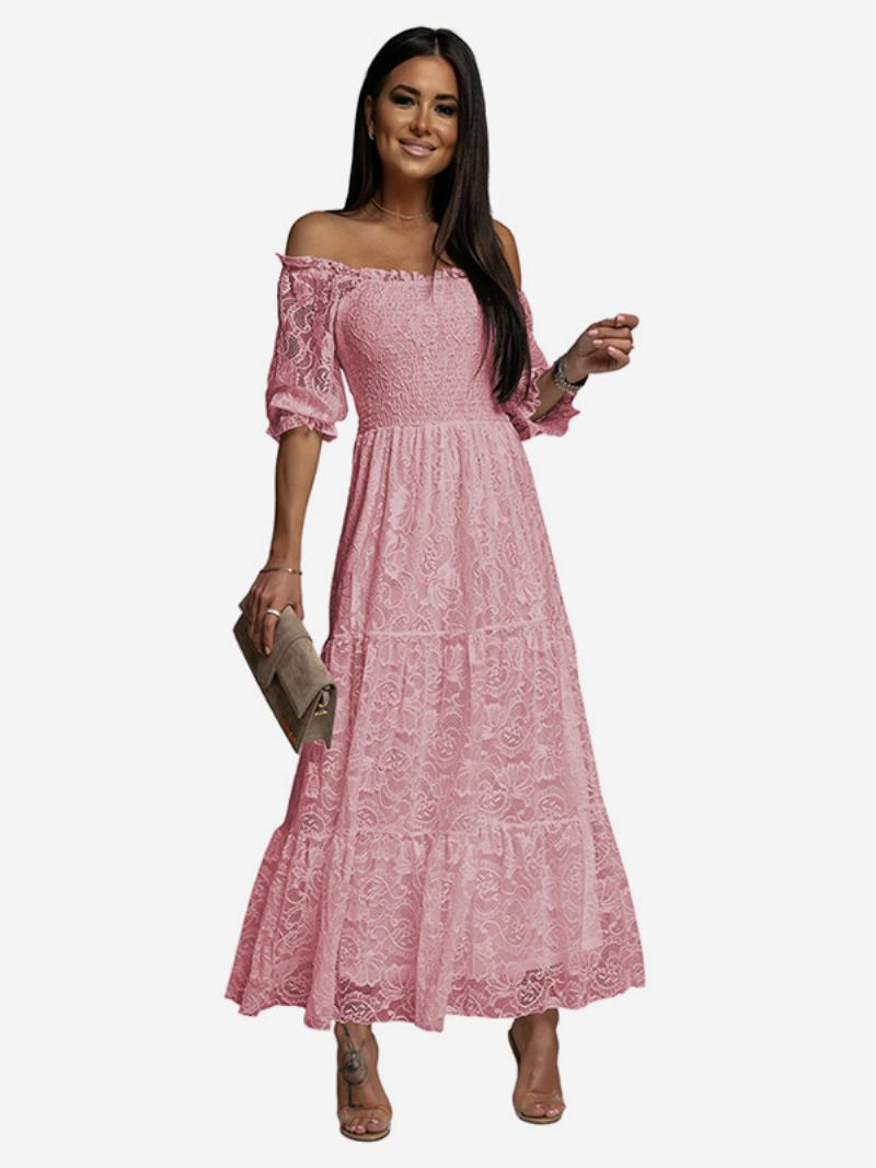 Vestido Feminino Renda Branca Com Ombro Fora Vestidos Longos Boêmios Elegantes - Rosa