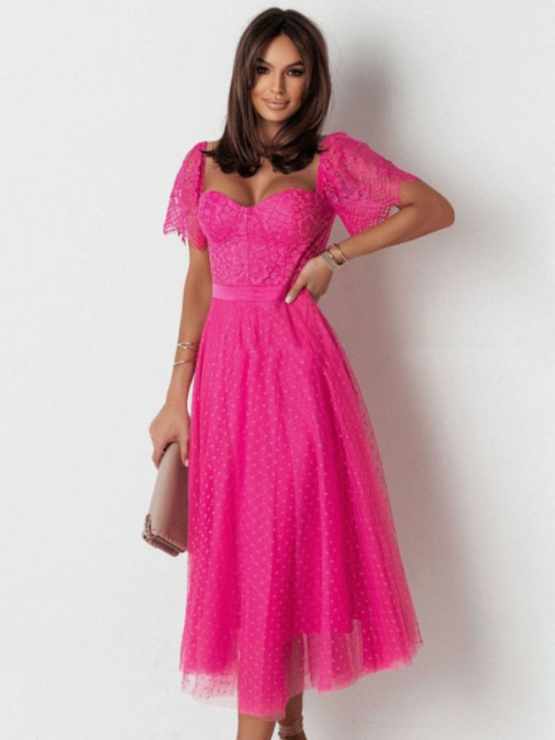 Vestido Feminino Renda Com Decote Em Coração Mangas Curtas Vestidos Midi Diurnos - Magenta