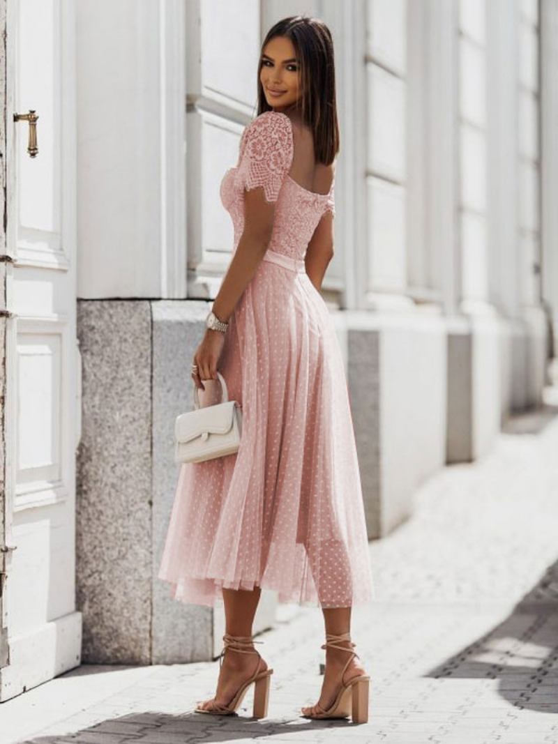 Vestido Feminino Renda Com Decote Em Coração Mangas Curtas Vestidos Midi Diurnos - Rosa Lótus