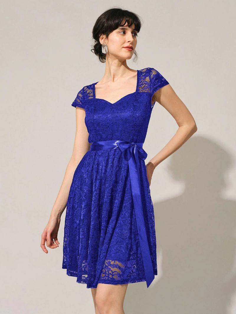 Vestido Feminino Renda Laço Faixa Querida Manga Curta Plissado Swing Retrô Festa Curto - Azul