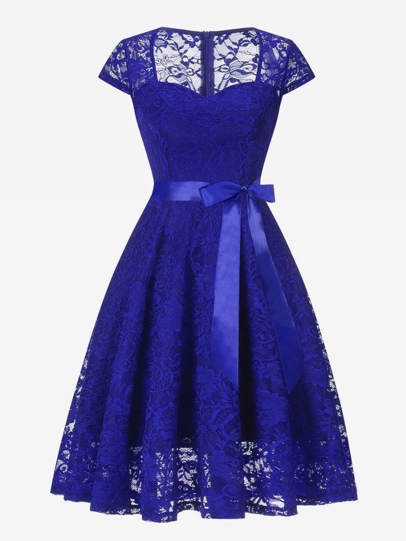 Vestido Feminino Renda Laço Faixa Querida Manga Curta Plissado Swing Retrô Festa Curto - Azul